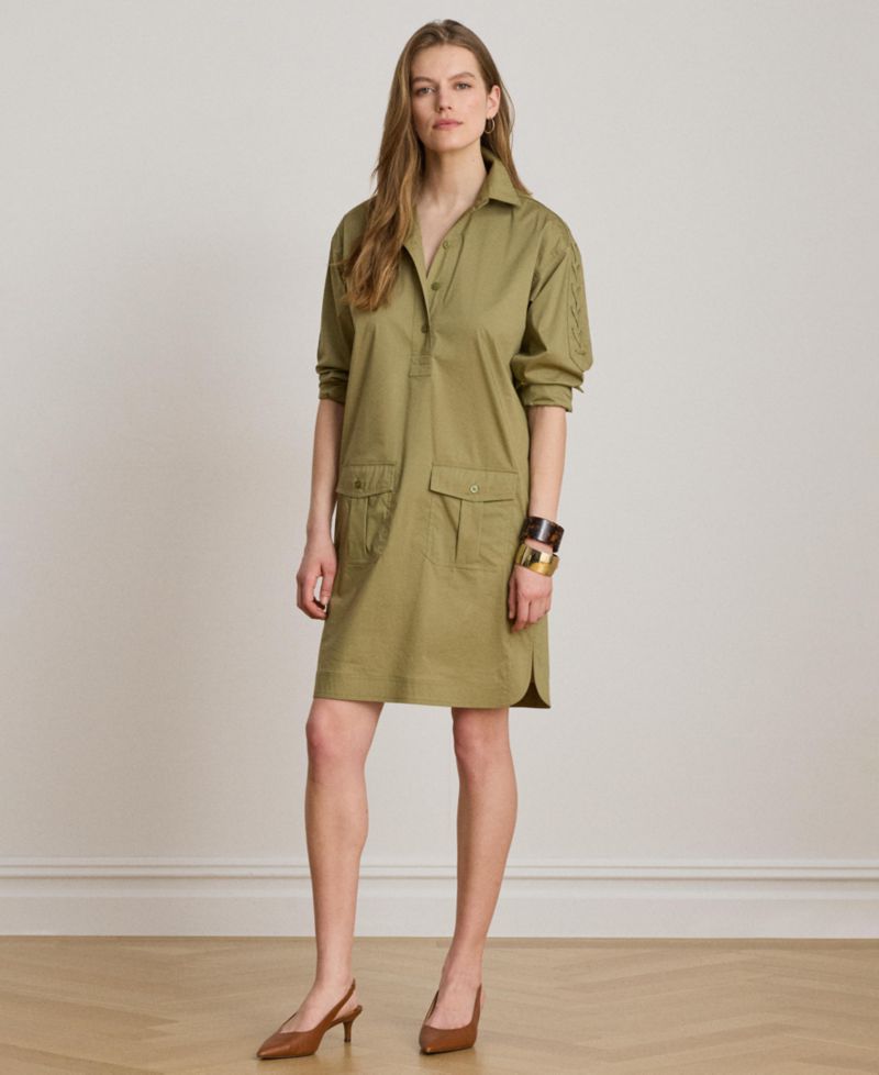 Women's Spread Collar Lace-Up Trim Shirt-Dress