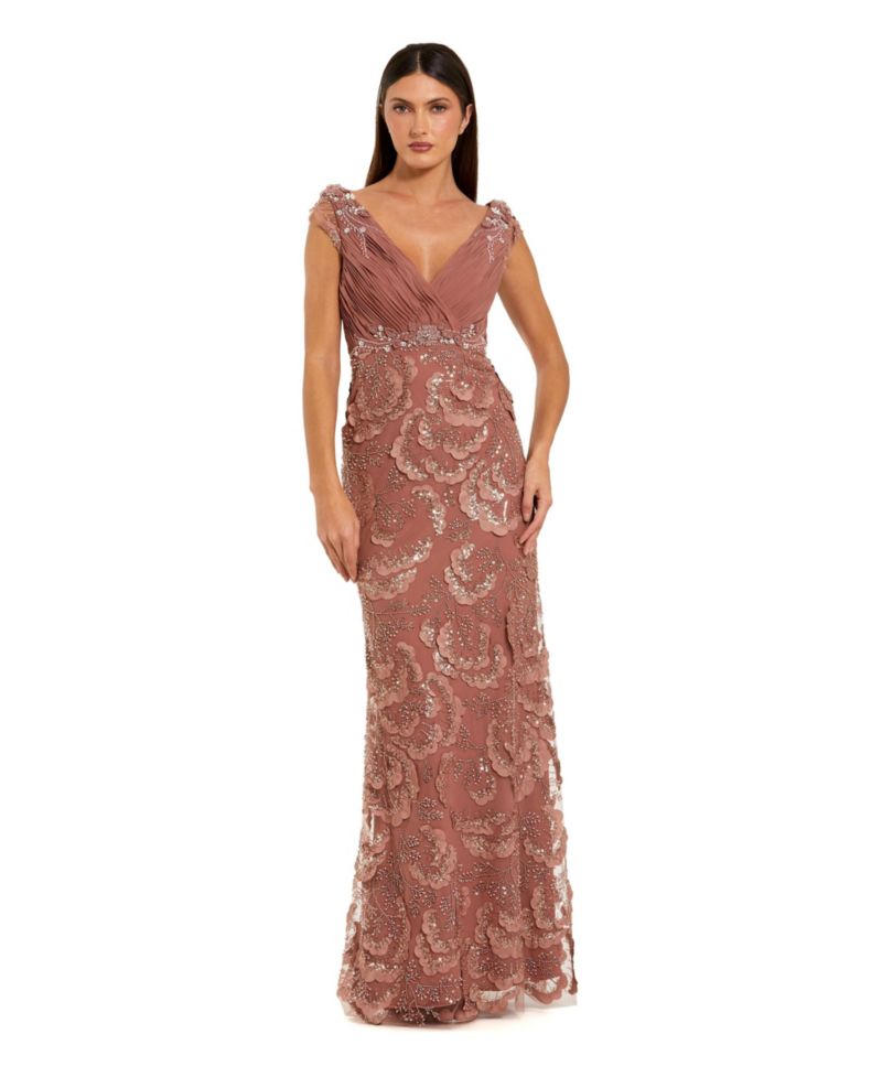 Women's Floral Beaded Chiffon V-Neck Evening Gown