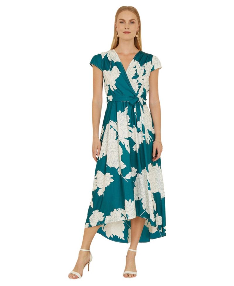 Women's Blossom Print Dipped Hem Wrap Midi Dress