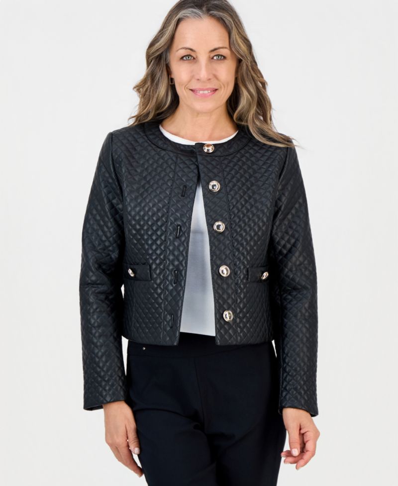 Petite Quilted Faux-Leather Button-Front Jacket