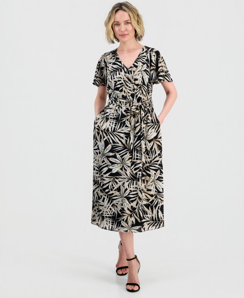 Women's V-Neck Flutter-Sleeve Midi Dress