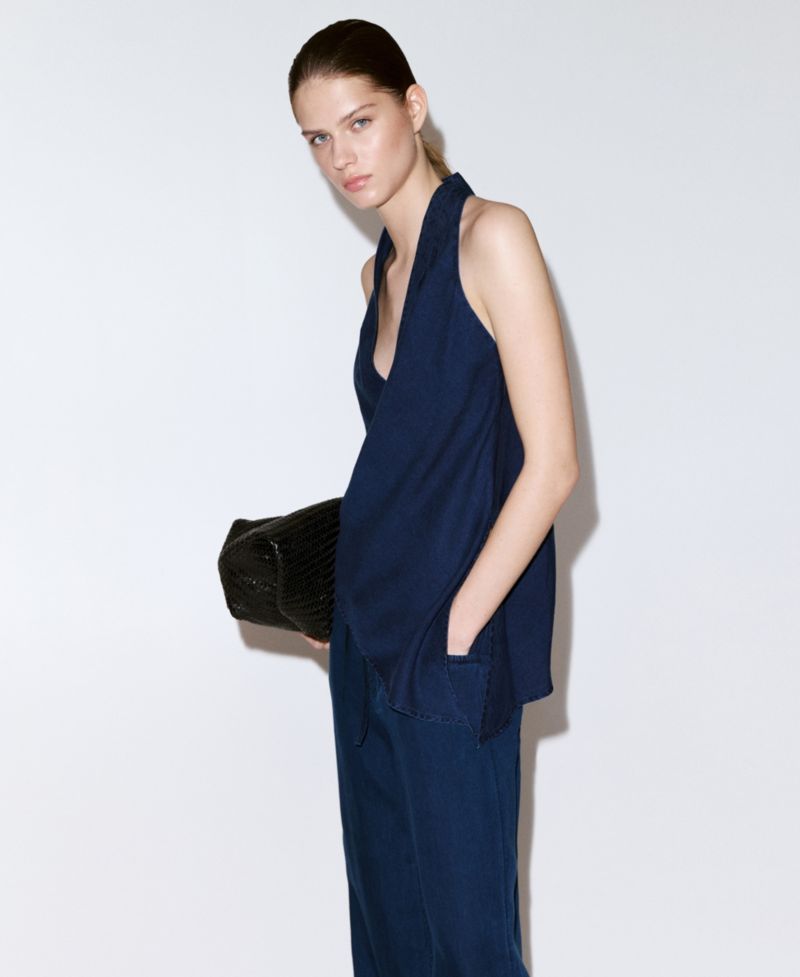 Women's Asymmetrical Denim Halter Neck Top