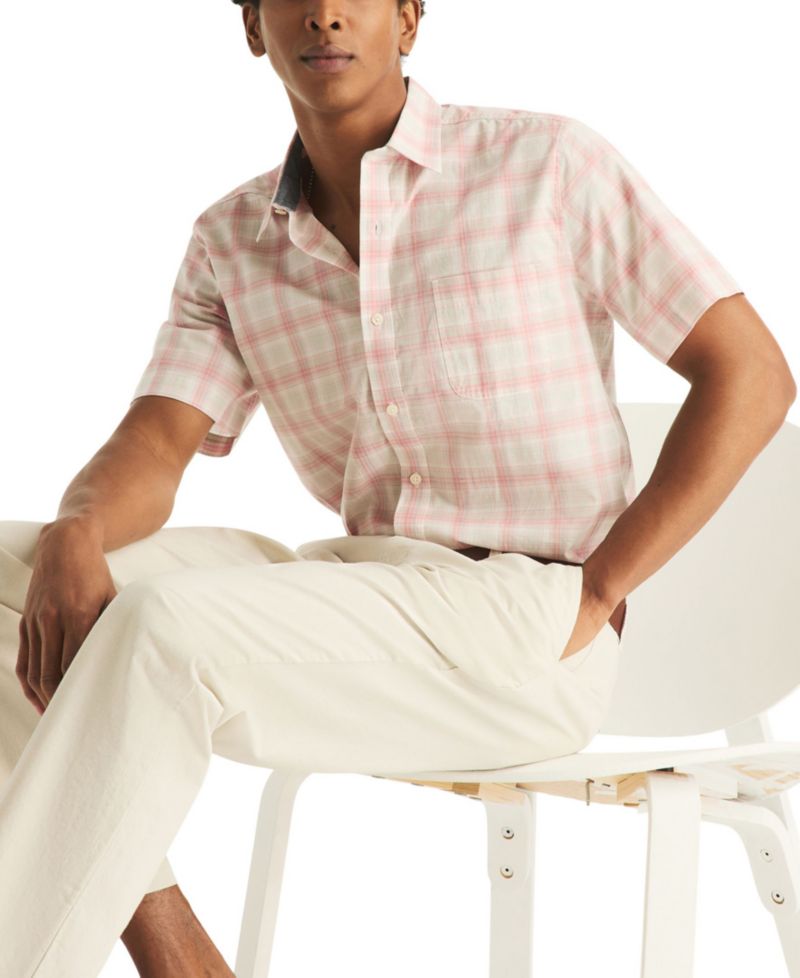 Men's Short-Sleeve 100% Cotton Plaid Collared Shirt