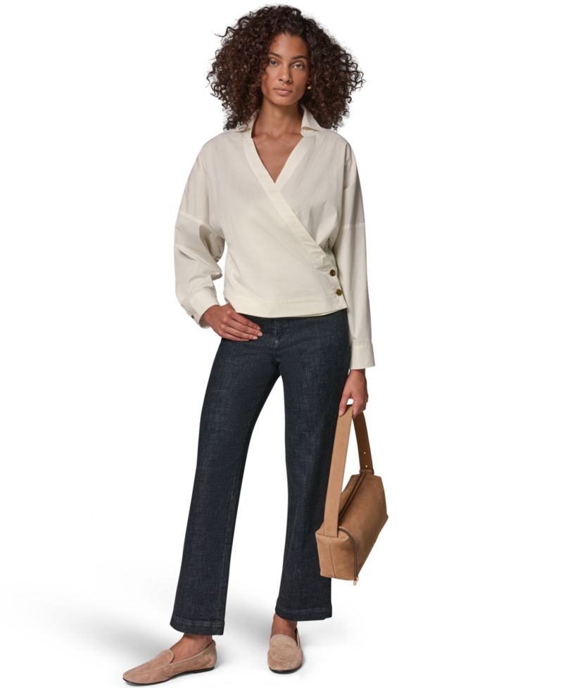 Women's Pinstripe Long-Sleeve Collared V-Neck Blouse