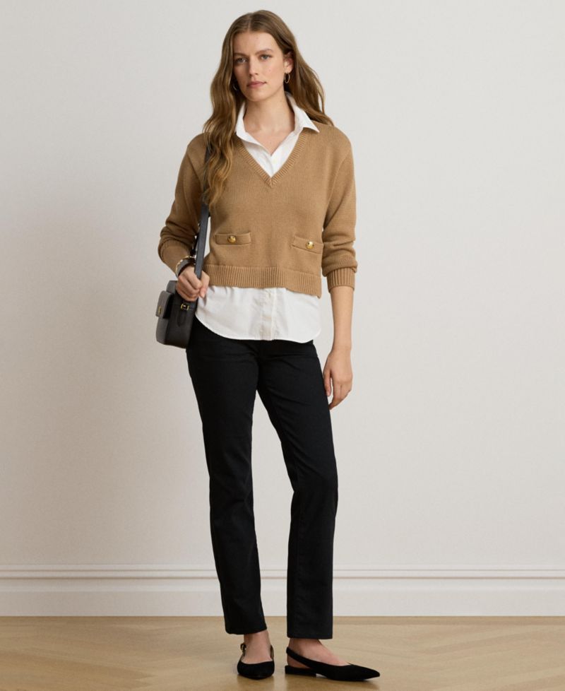 Women's V-Neck Long-Sleeve Relaxed-Fit Cotton Sweater