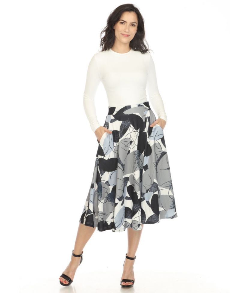 Women's Leaf Print Vintage Flared Midi Skirt