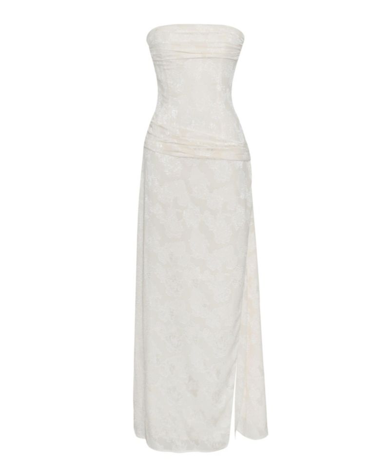Women's Xatia Off White Jacquard Textured High Slit Maxi Dress