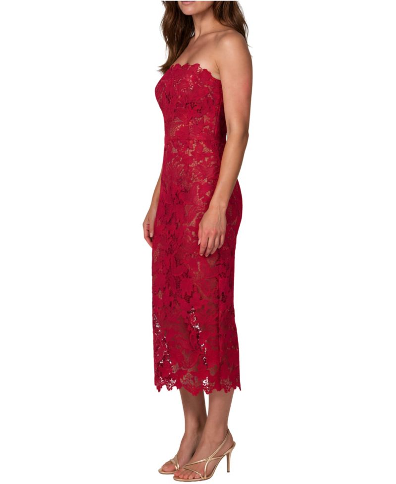 Women's Strapless Guipure Lace Scalloped Hem Midi Dress