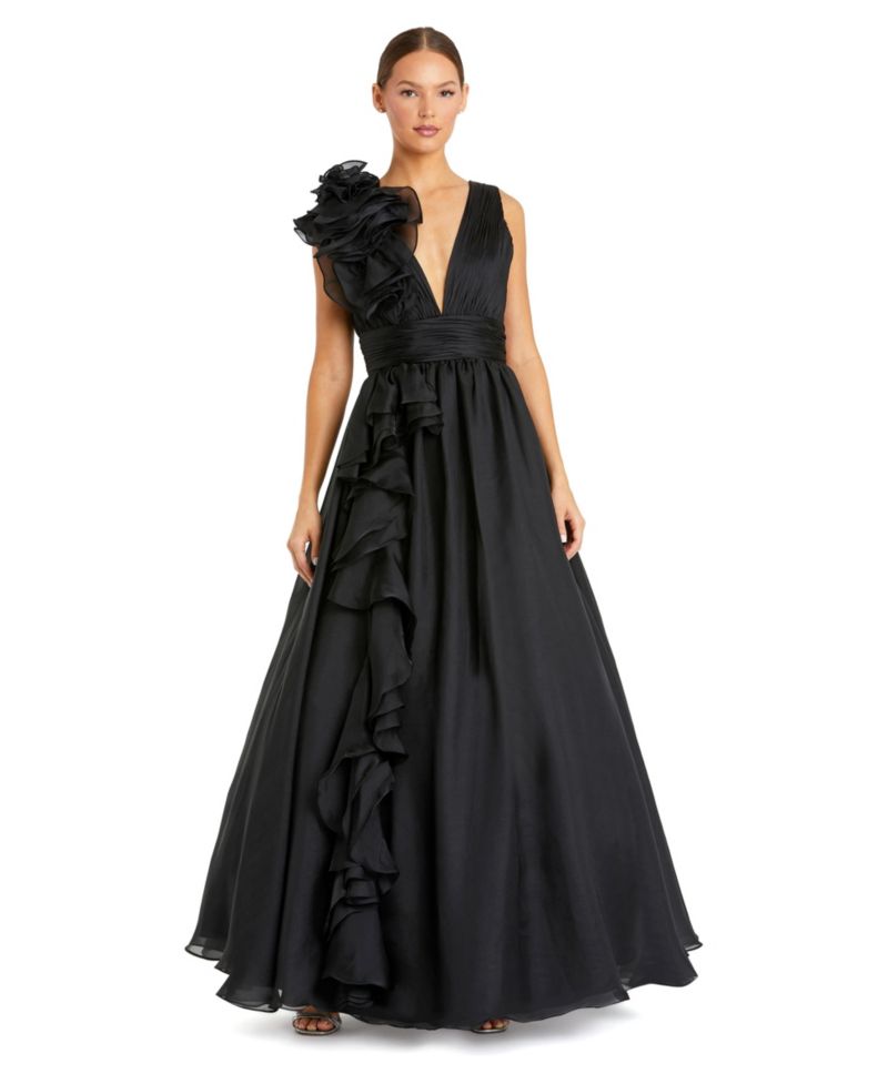 Petite Ruffle Shoulder V-Neck A-Line Evening Gown