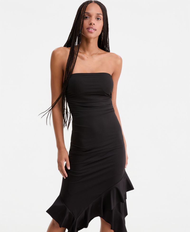 Women's Strapless Ruffled Asymmetric Midi Dress