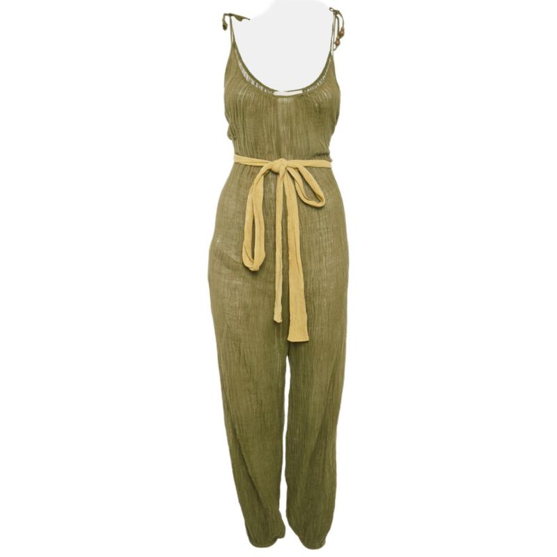 Women's Olive Green Ramie & Cotton Belted Jumpsuit
