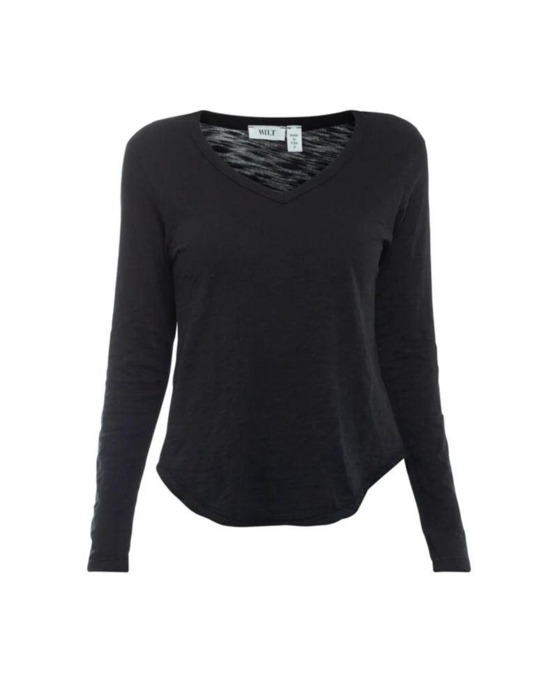 Women's Long Sleeve V-Neck Raw Hem Shirttail Tee