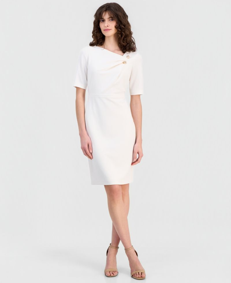 Women's Asymmetric-Neck Elbow-Sleeve Dress