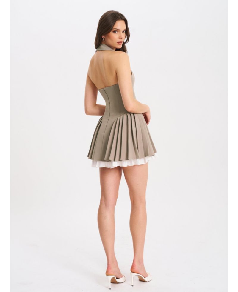 Women's Hazel Brown Preppy Halter Neck Pleated Mini Dress