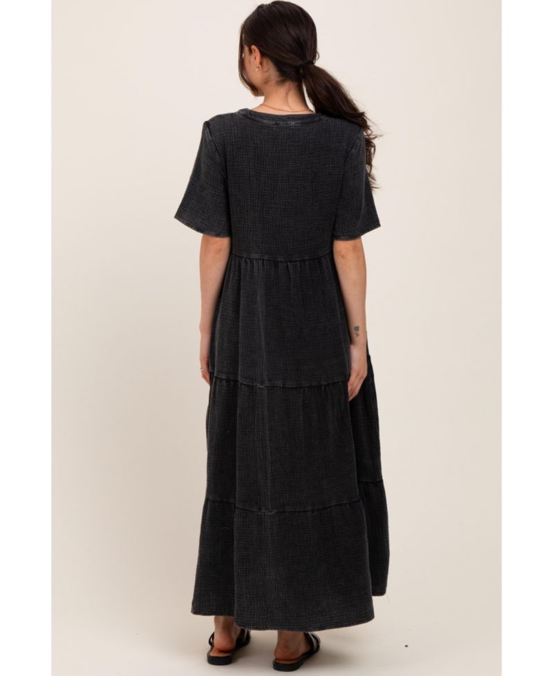 Women's Black Button Front Tiered Maxi Dress