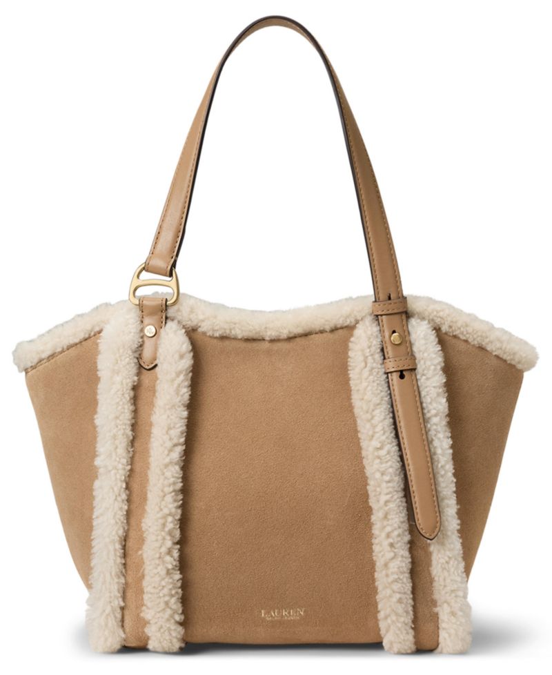 Tasha Suede Shearling Trim Small Tote Bag