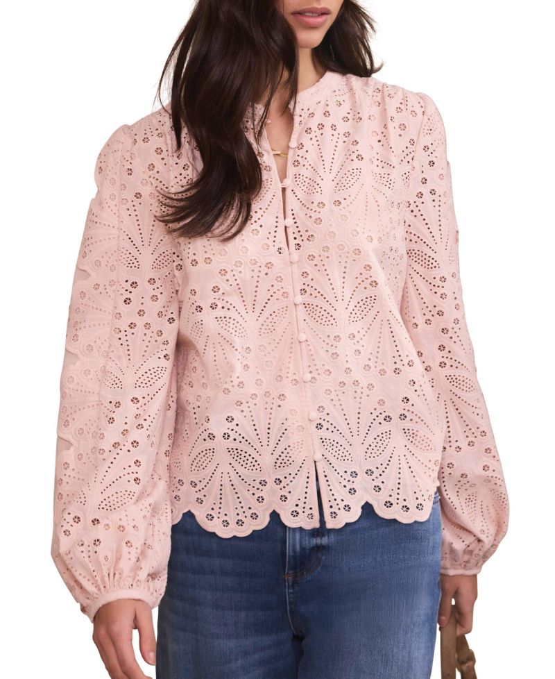 Women's Broderie Anglaise V-Neck Scalloped-Hem Blouse