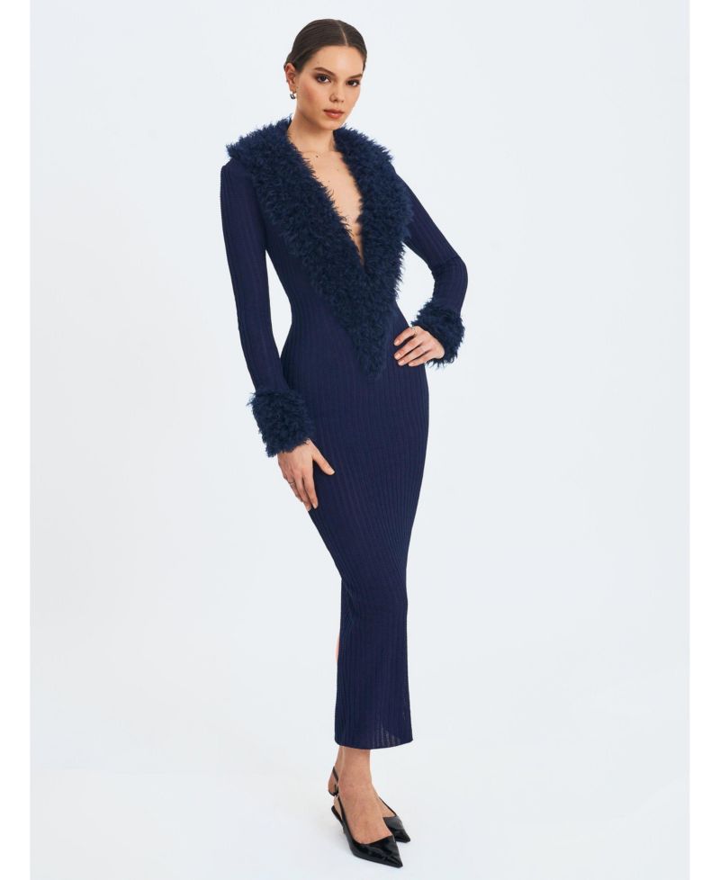 Women's Romina Plunging Fur Trimmed Crochet Maxi Dress