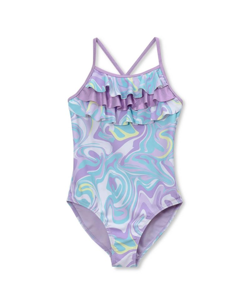 Girls Child Chlorine Resistant X-Back Ruffle One Piece Swimsuit