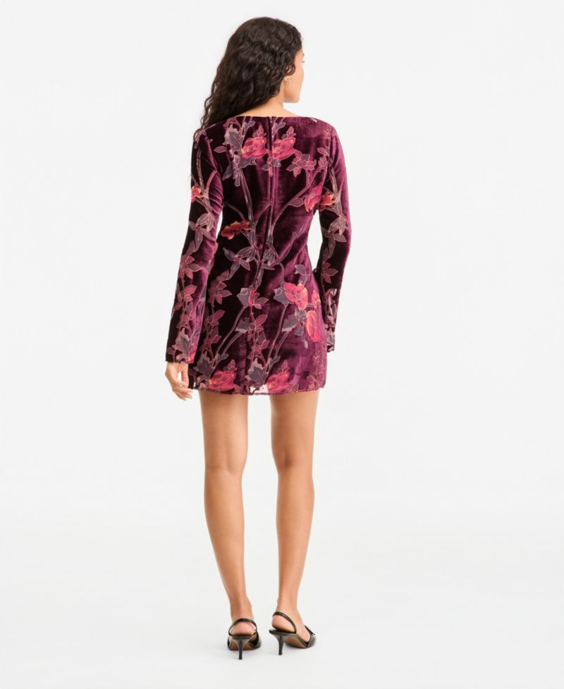 Women's Burnout Velvet Floral-Print Bell Sleeve Mini Dress