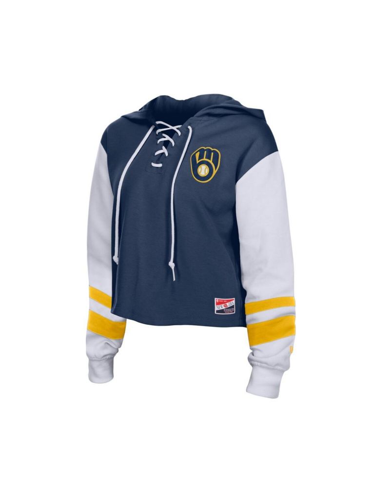 Women's Navy Milwaukee Brewers Boxy Lace-Up Hoodie