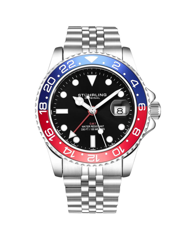 Meridian 3968 Men s GMT Diver Watch - Quartz Movement, 42mm Stainless Steel Case, Black Dial, Red/Blue Bezel