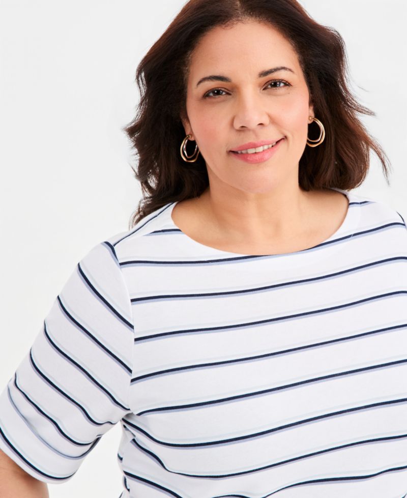 Petite Multi-Stripe Boat-Neck Elbow-Sleeve Top