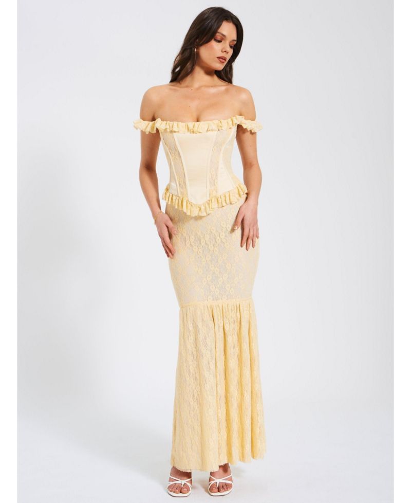 Women's Ersilia Pale Yellow Satin Lace Peplum Corset Off Shoulder Maxi Dress