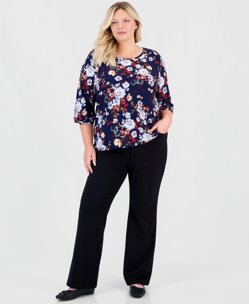 Plus Size Floral Shoulder-Button 3/4-Sleeve Blouse