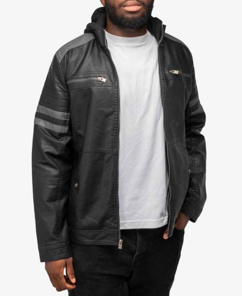 XRAY Men's Grainy PU Leather Hooded Jacket With Faux Shearling Lining
