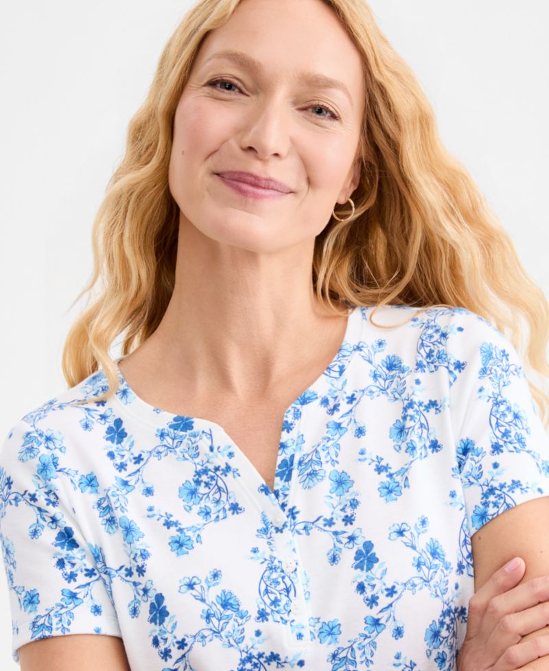 Petite Printed Short-Sleeve Henley Top
