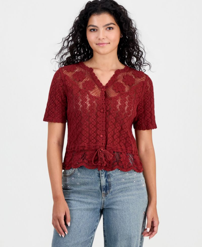 Women's Cotton Crochet Button-Front Peplum Top