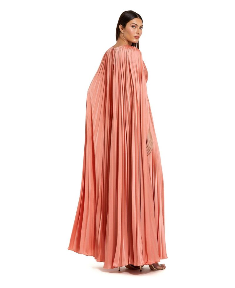 Women's Pleated Charmeuse V-Neck Gown With Cape