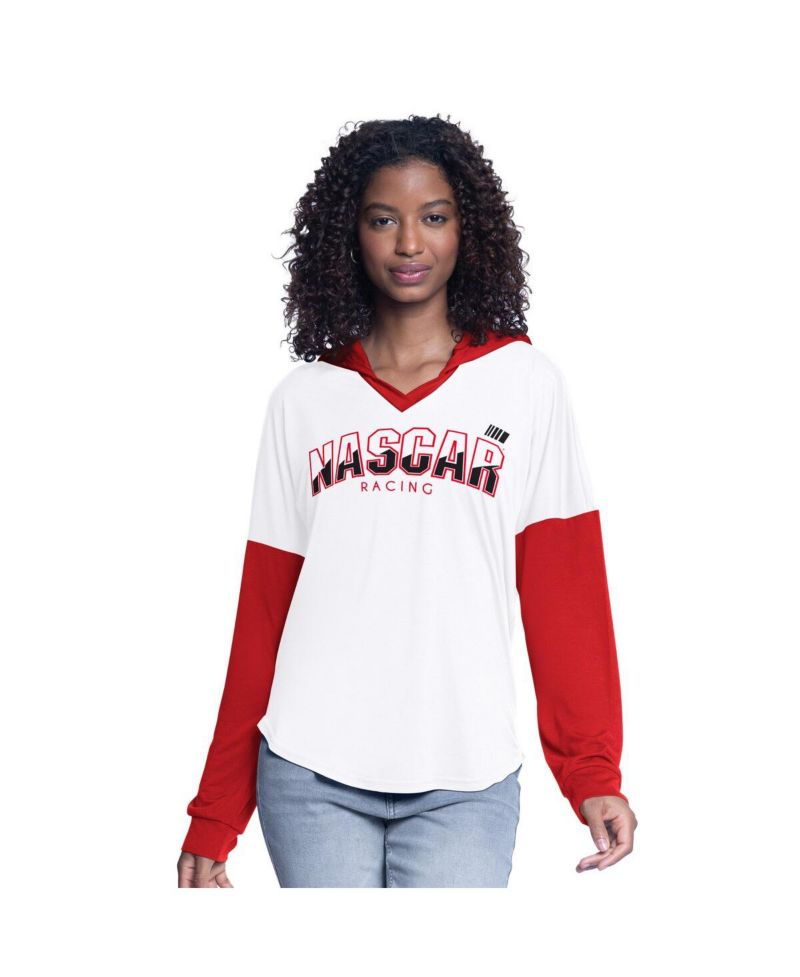 Women's White/Red NASCAR Bench Player Oversized Long Sleeve Hoodie V-Neck T-Shirt
