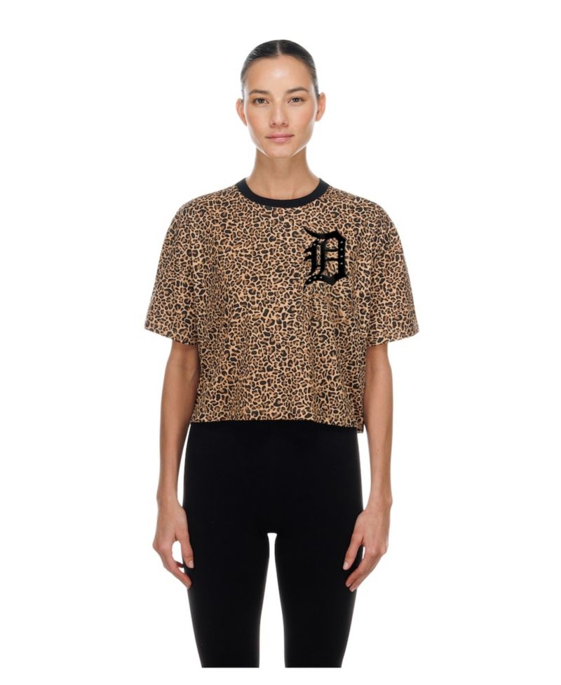 Women's Brown Detroit Tigers Leopard Boxy Cropped T-Shirt