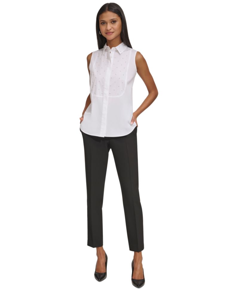 Women's Pearl-Embellished Sleeveless Collared Shirt