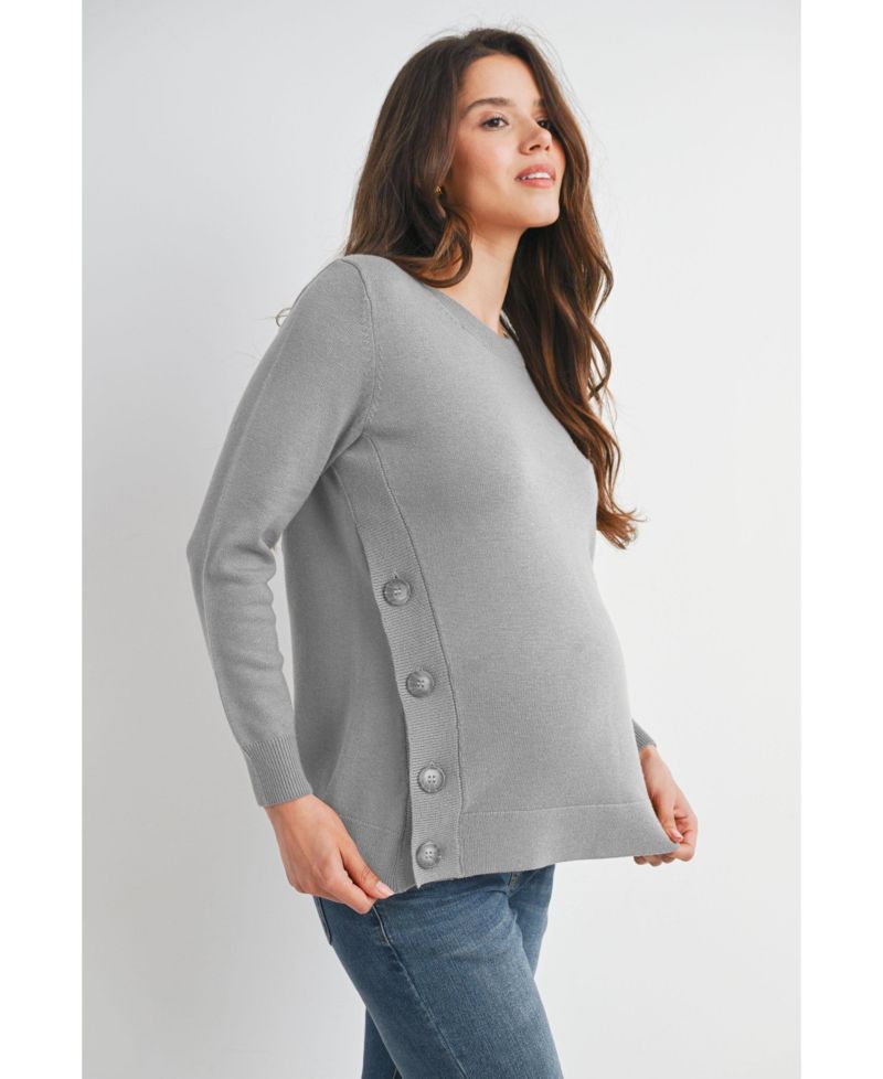 Maternity Crew Neck Side Button Knit Nursing Friendly Sweater