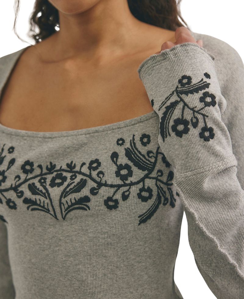 Women's Olivia Embroidered Square-Neck Ribbed Knit Cotton-Blend T-Shirt