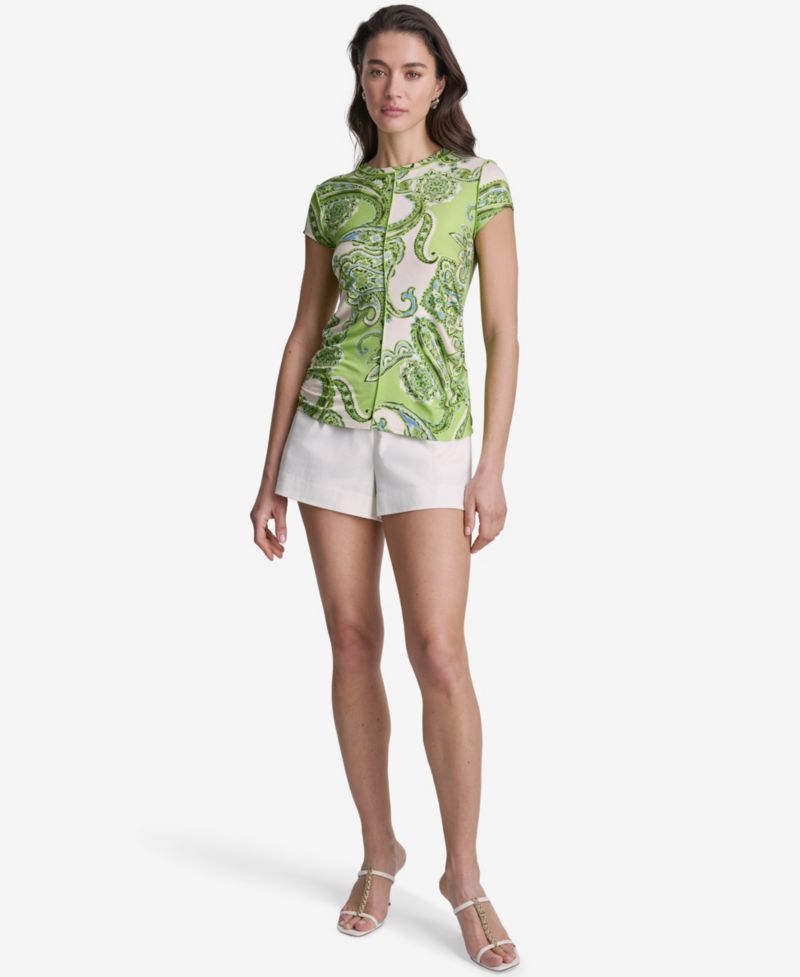 Women's Paisley Print Crewneck Cap-Sleeve Top