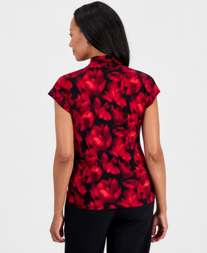 Petite Everyday Knit Floral Funnel Neck Short Sleeve Blouse