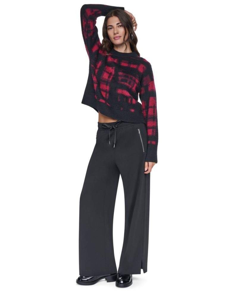 Women's Brushed-Plaid Long-Sleeve Crewneck Pullover Sweater
