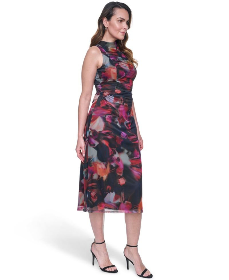 Women's Printed Mesh Shirred Midi Dress