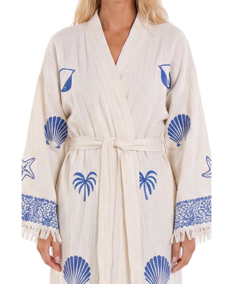 Women's Nerina V-Neck Long-Sleeve Shell-Print Beach Cover-Up Robe