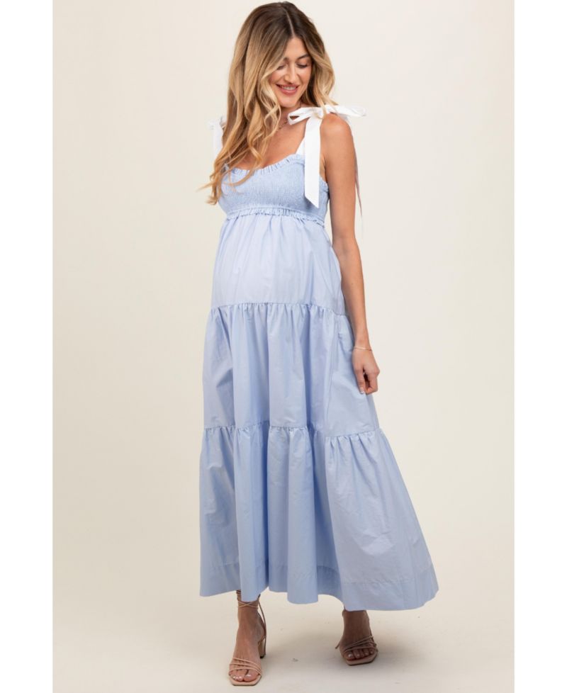 Women's Light Blue Contrast Shoulder Straps Maxi Dress