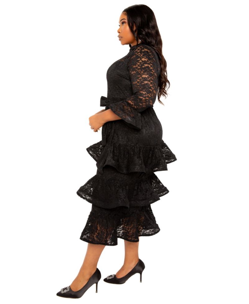 Plus Size Lace Bell Sleeve Tiered Dress