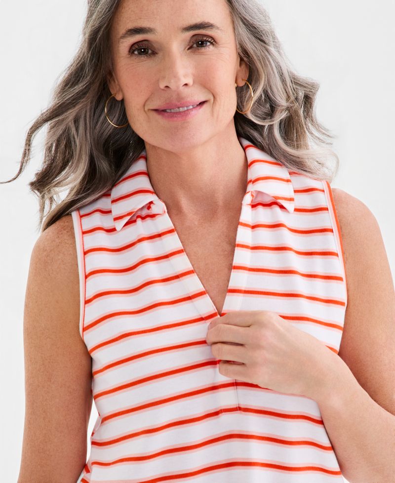Women's Striped Johnny-Collar Sleeveless Top