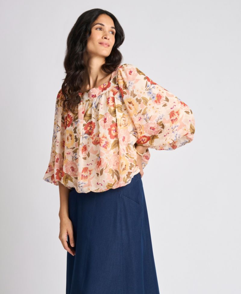 Women's Square-Neck 3/4-Sleeve Floral Blouse