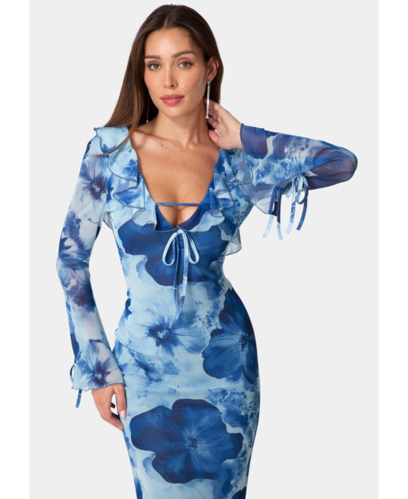 Women's Long-Sleeve Floral-Print Ruffle-Neck Maxi Dress