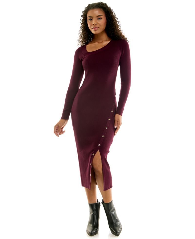 Juniors' Square Neck Long Sleeve Midi Sweater Dress with Asymmetrical Button Detail