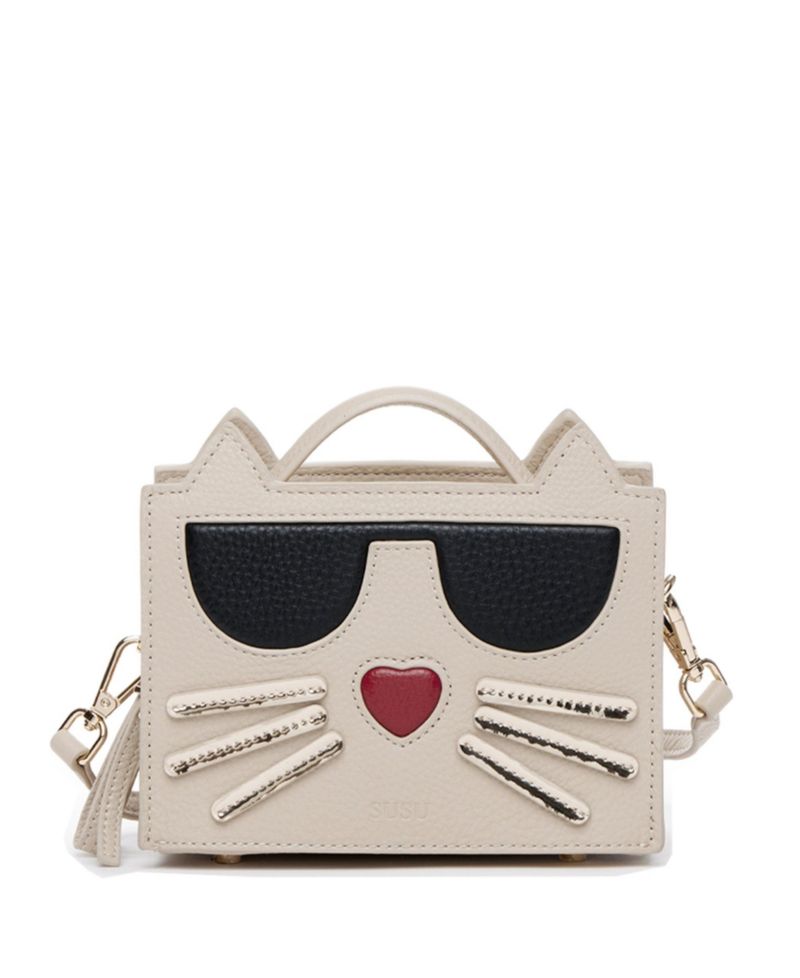 Womens's Pebble Leather Cat Crossbody Bag Cute Top Handle Purse Small Shoulder Handbag